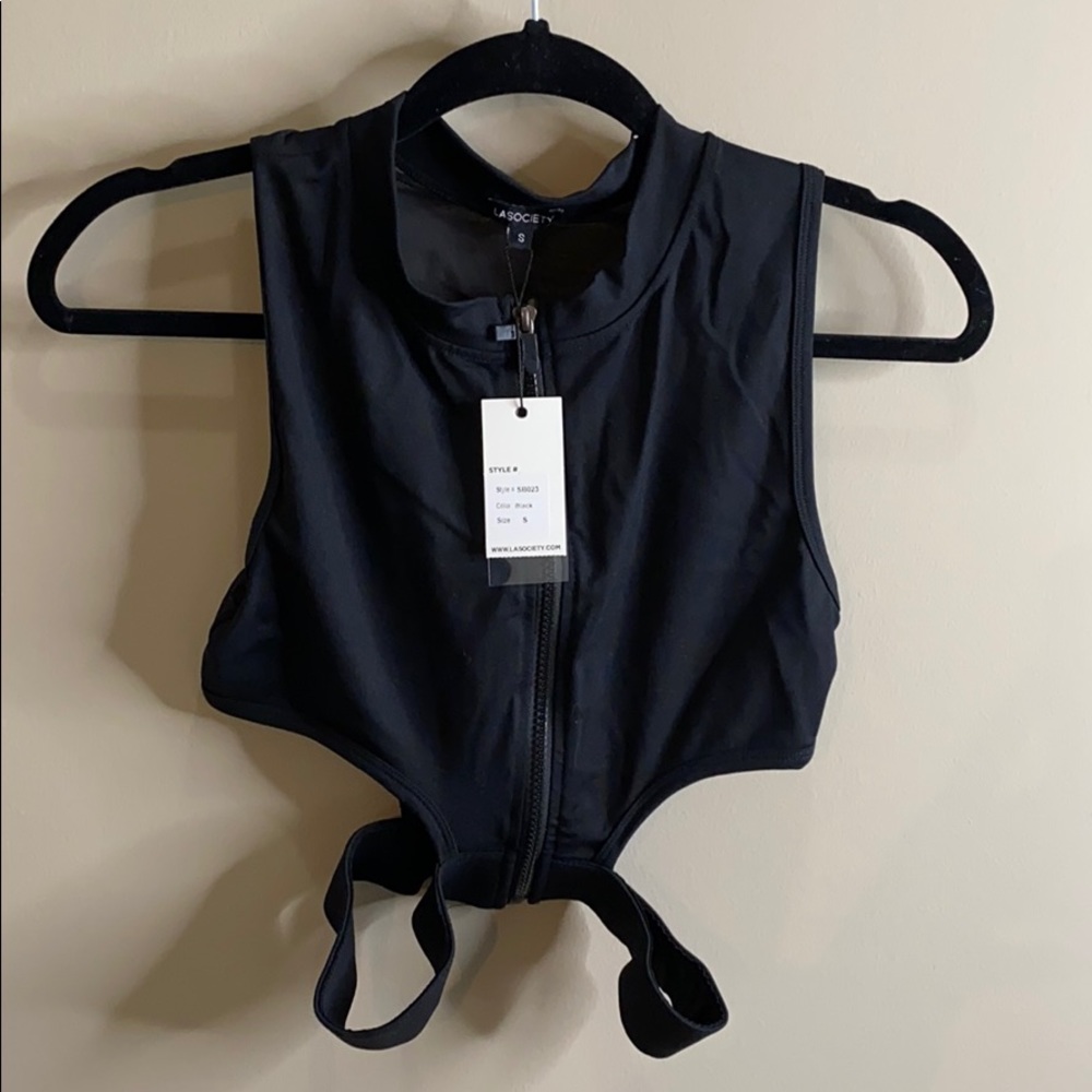 Black sheer back mesh crop top with zipper